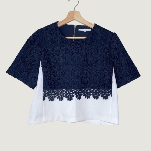 Endless Rose Tops - Women's Navy Blue Floral Lace White Layered Short Sleeve Top Office Classy Large
